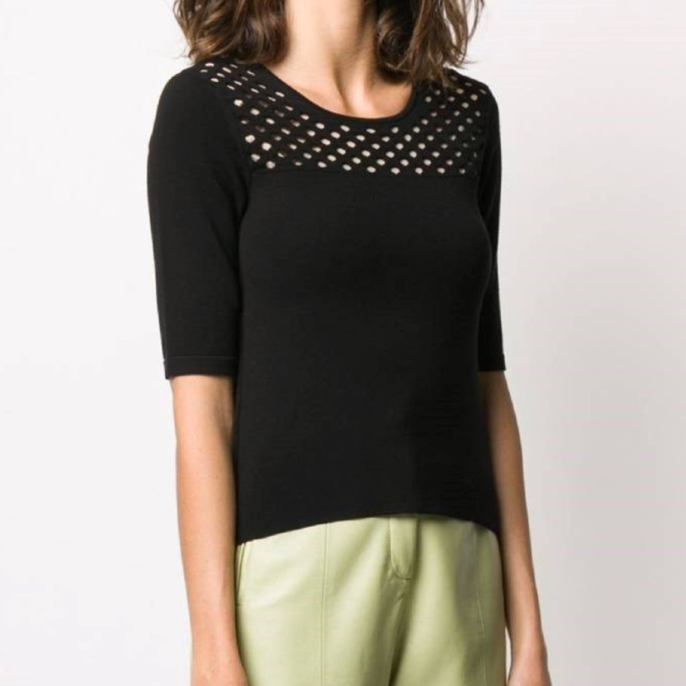 FENDI Black Laser Cut Short Sleeve Knit Top
